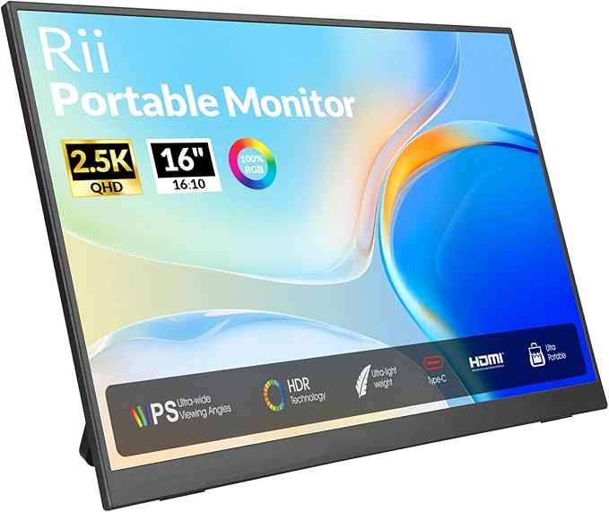 Rii Portable Monitor 16 Inch 144Hz QHD 2.5K 2560X1600 100% sRGB IPS HDR Computer Display with Adjustable Stand USB-C HDMI Gaming Screen for Laptop/PC/Phone/Mac/Xbox/Switch/PS4/PS5 VESA Mountable