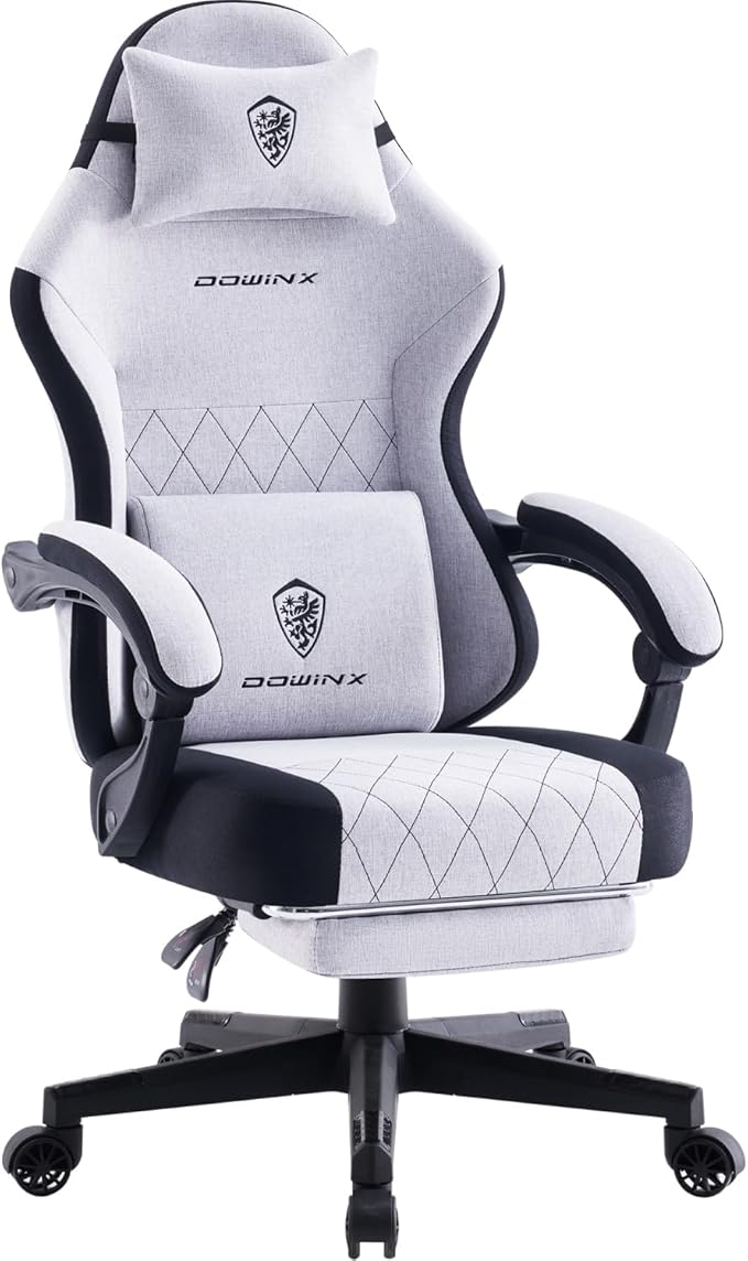 Dowinx Gaming Chair Fabric Gaming Chairs for Adults with Pocket Spring Cushions and Lumbar Support Ergonomic Massage Computer Chair with Footrest for Big and Tall Gray
