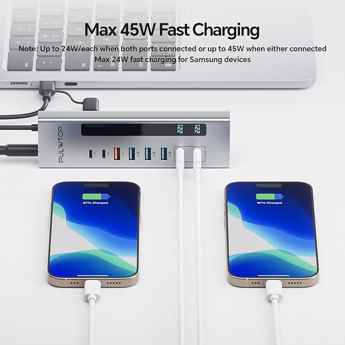 Powered USB C Hub PULWTOP 11-in-1 USB Hub with SD/TF 2*USB-C 10Gbps 4*USB-A 5/10Gbps and 2 * 24/45W Type-C PD Charging Ports (Not Support Video) USB Powered Hub (72W DC Adapter Included)