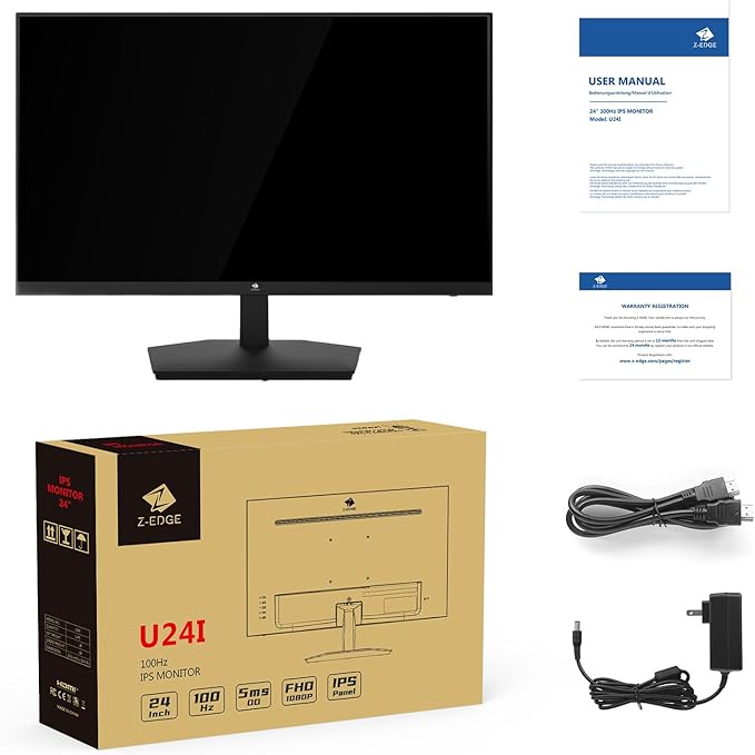 24 inch Monitor Z-Edge Computer Monitor Full HD 1920 x 1080p IPS 100Hz PC Monitor with HDMI VGA Frameless U24I Anti-Glare Screen