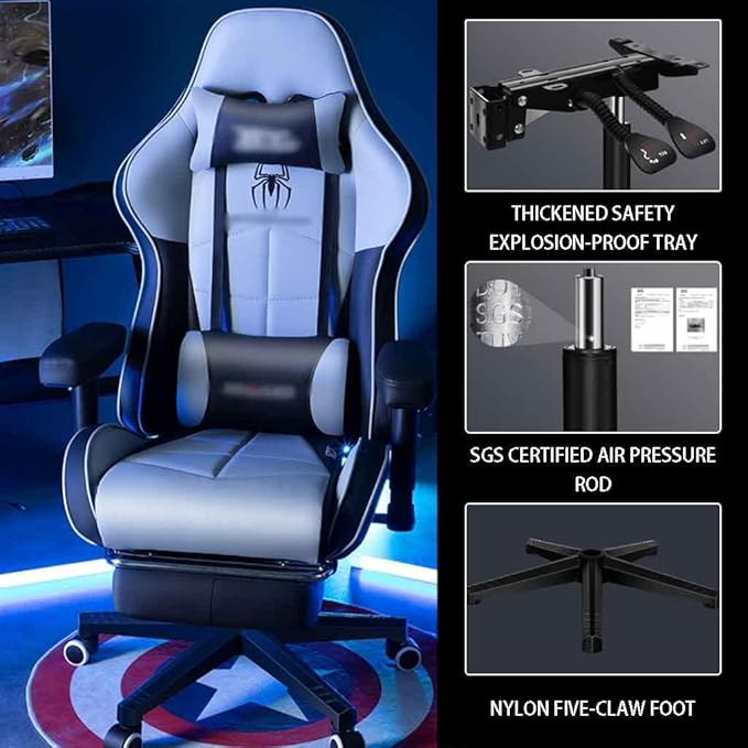 Gaming Chair with Footrest Cool Two-Color Stitching Spider Pattern Gamer Chair 155° Reclining Swivel Lift Racing Chair Load Bearing 190kg/418.9lbs (Color : Gray-Black Size : 121-131 * 50cm)