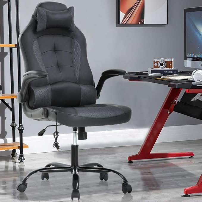 Massage Gaming Chair Ergonomic Office Chair High Back Desk Chair PU Leather Executive Chair with Lumbar Support Headrest Armrest PC Racing Computer Chair Task Rolling Swivel Chair Gery