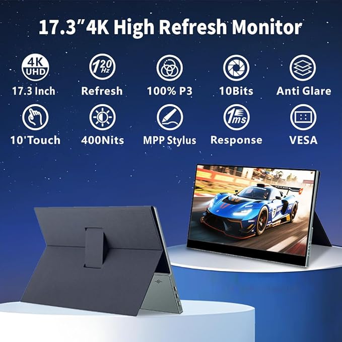 Portable Monitor IPS Small HDMI Display Dual USB-C Low Power External Screen for Laptop PC Mac Switch Rasp Pi Xbox (17.3 IPS 4K 120Hz)