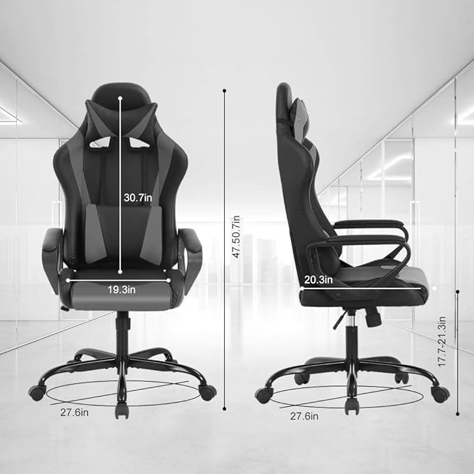 Racing Style Gaming Chair - High Back Ergonomic Executive Chair with Headrest Massage &amp Lumbar Support Grey