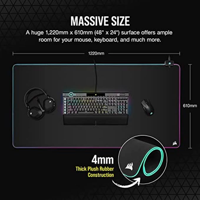 Corsair MM700 RGB Extended 3XL Cloth Gaming Mouse Pad/Desk Mat - Massive 1220mm x 610mm (48” x 24”) Cloth Surface 360° Three-Zone RGB Lighting Two USB Ports - Black