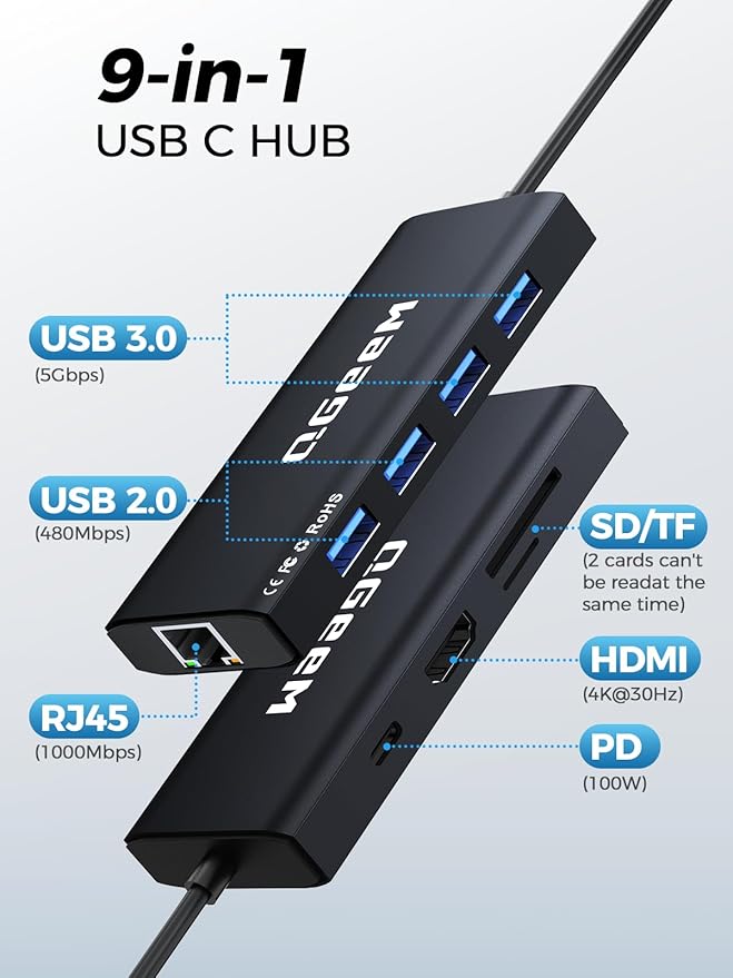 QGeeM USB C Hub Ethernet9 in 1 USB Type C Hub HDMI Multi-Port Converter Adapter100W Pd USB 3.0SD/TF Card ReaderCompatible for MacBook Pro Air Ipad HP Dell Lenovo Chromebook etc.-Black