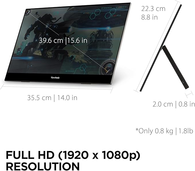 ViewSonic VX1655 15.6 Inch 1080p FHD Portable LED IPS Monitor with 2 Way Powered 60W USB C Mini HDMI Dual Speakers and Built-in Stand with Tripod MountBlack