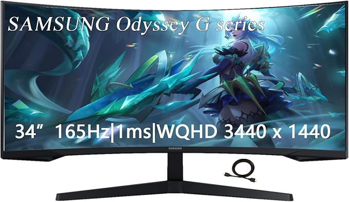 Samsung 34 Odyssey G Series WQHD Gaming Monitor FreeSync Premium 1000R UltraWide Curved 165Hz 1ms Black with GSF HDMI Cable