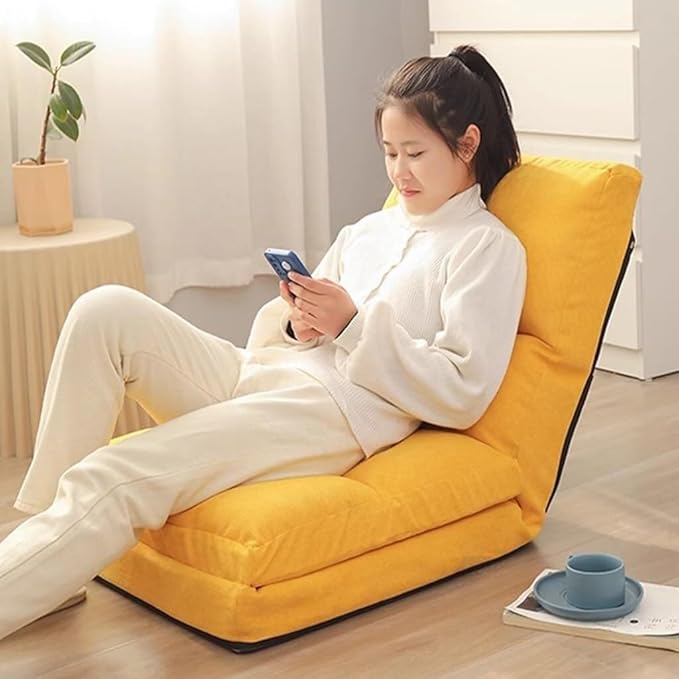 ELEFOCUS Adjustable 5-Position Folding Sofa Chair Padded Lazy Floor Recliner Bed for Gaming - Yellow Linen Lounge Sleeper Seat(Yellow)