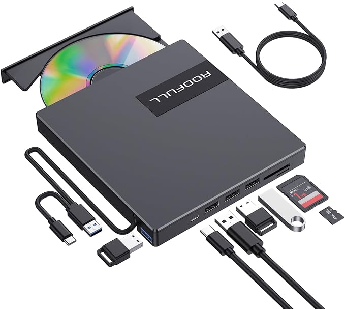 ROOFULL External CD DVD Drive with 4* USB Ports and 2* SD/TF Card Slot for Laptop USB 3.0 Type-C CD-R/RW/ROM Reader Writer Burner DVD Player Disc Drive for PC Mac Windows 11/10 MacBook Linux Computer