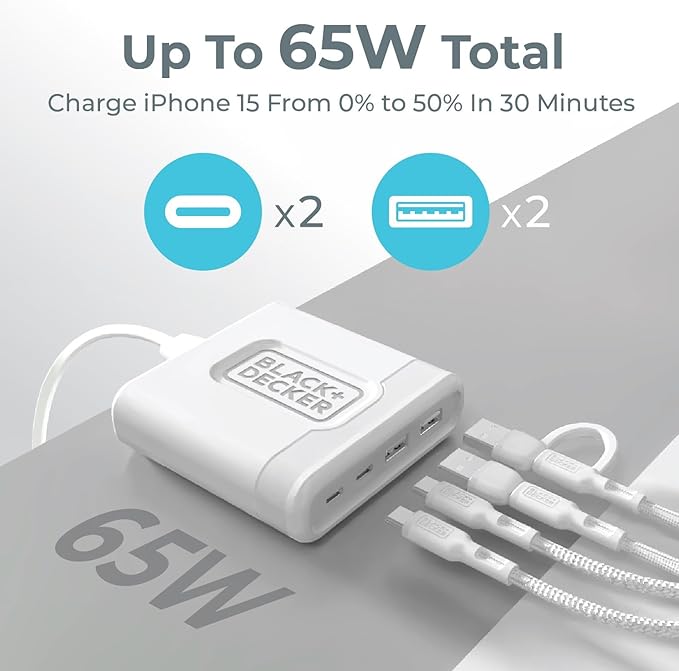 BLACK+DECKER USB C Fast Charger 65W 4 Port Type USB C Charging Station Hub Block Type C Wall Charger Power Strip Adapter Plug 2 C-Port 2 USB for iPad iPhone 17 16 15 14 Pro Max Pixel Note Galaxy