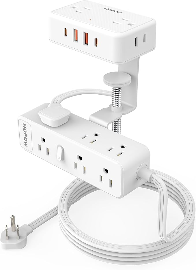 Dual Layer Desk Clamp Power Strip（White） Desktop Edge Mount Charging Station with 13 Outlets 4 USB Ports (2 USB C) Under Desk Surge Protector(1700 Joules) 10 Ft Extension Cord for Office