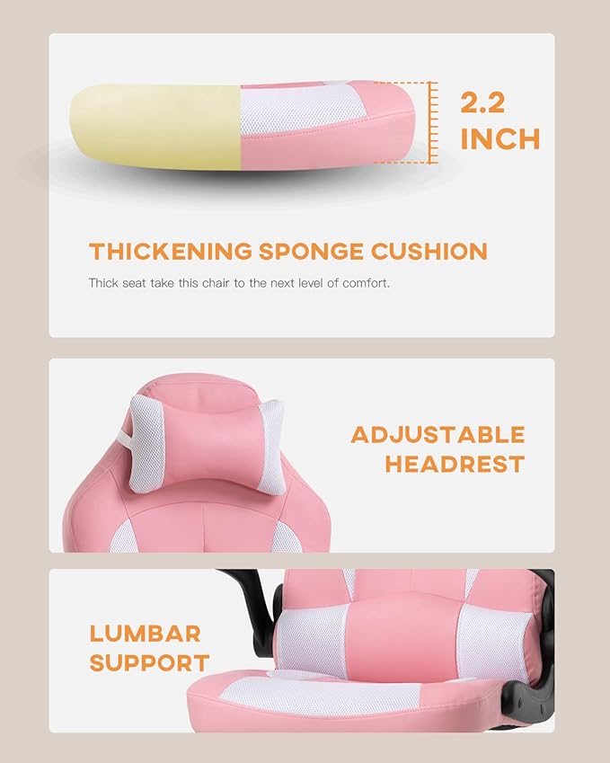 PC Gaming Chair Video Game Chair Racing Style Office High Back Desk Executive PU Leather Rolling Task Swivel Computer with Lumbar Support HeadrestPink