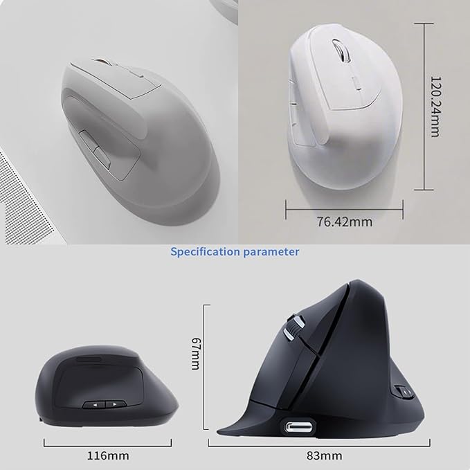Black Ergonomic Wireless Vertical Mouse - Rechargeable 3200DPI 6 Buttons for Wrist Pain &amp Carpal Tunnel Relief