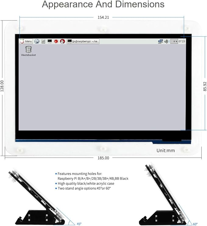 7inch Capacitive Touch Screen LCD for Raspberry Pi 4B/3B+/3A+ BeagleBone Black Banana Pi/Pro 1024×600 Resolution HDMI IPS for Windows 11/10 / 8.1/8 / 7 (7inch HDMI LCD (C) with case)