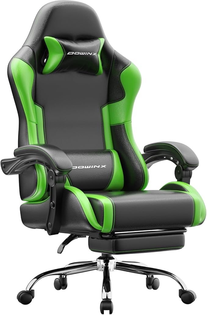 Dowinx Ergonomic Gaming Chair with Footrest &amp Massage Lumbar 2D-Linkage Armrests for Computer Chair 330lbs with Headrest Pillow for Office Home Streaming and Long Gaming Sessions Green