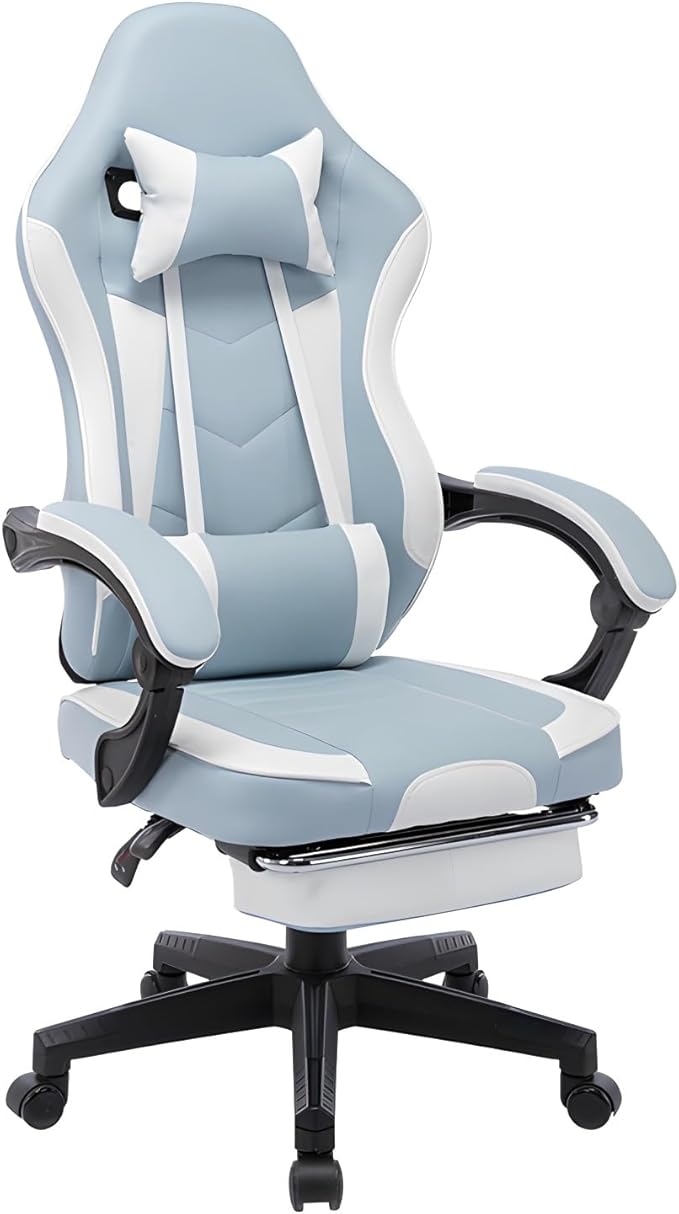 Ergonomic Video Game ChairsPu Leather Video Game Chairs For Adults 360°Swivel Adjustable Office Chair Gamer ChairWith Footrest Comfortable Game Lumbar Headrest Backrest RecliningGreen+white