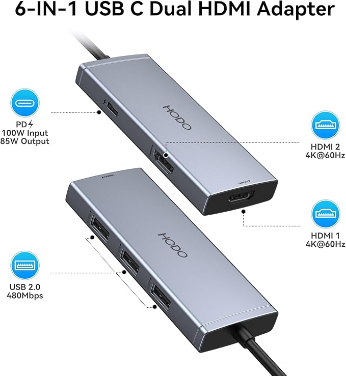 USB C Docking Station Dual HDMI Monitor 4K 60 Hz USB C to Dual HDMI Adapter with 2 hdmi Ports USB-C Hub 2 Monitors with 3 USB Port PD Charging Compatible for Dell XPS HP Surface etc
