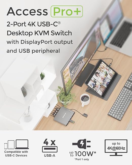 IOGEAR Access Pro Plus 2-Port USB-C KVM Switch 1 Monitor 2 Computers 4K 60Hz DisplayPort Output 4-Port USB Hub 100W Power Thunderbolt 3/4 Compatible Remote Switch (GCS1602CC)