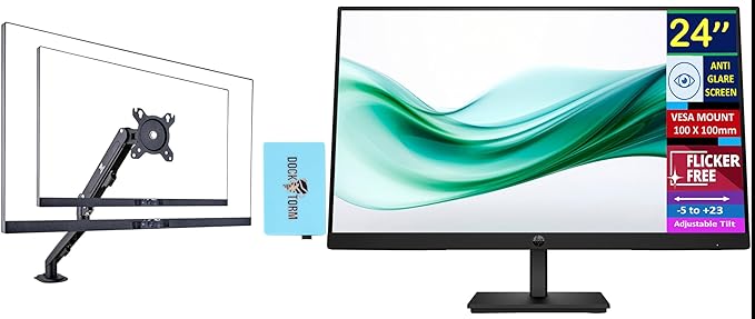HP 24 Series 3 Pro 24 FHD Computer Monitor (1920x1080) 100Hz Anti-Glare Display HDMI VESA Mount Black Bundle with dockztorm hub and Ergoflexy EFX-1-1 Desk Mount Monitor Arm