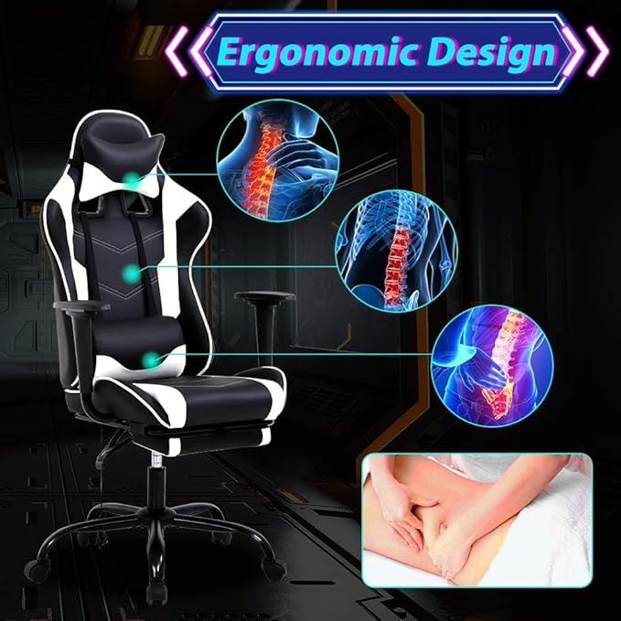 Gaming Chair with Footrest and Lumbar Support Height Adjustable Reclining 360 Swivel for Adults White