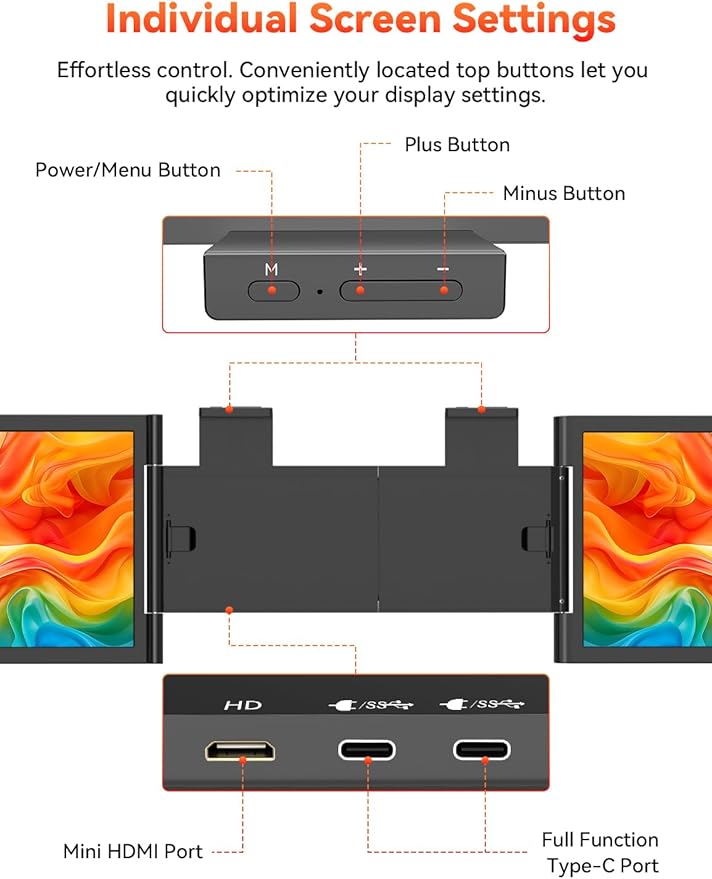 HotYeah Laptop Screen Extender One Cable Connection (Windows &amp Mac) 14 1080P Dual Portable Monitor USB-C HDMI Wireless Travel Extended Display Triple Screen Monitor for 12-16.5 Laptop