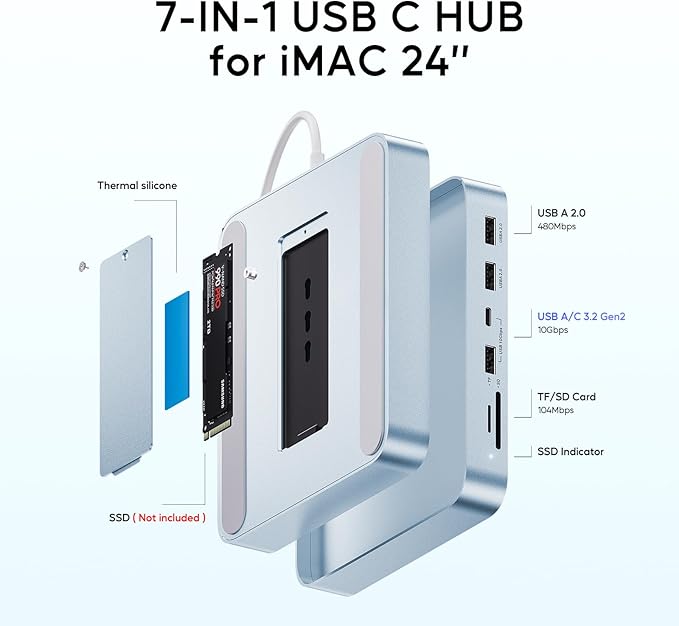 USB C HUB for iMac 24 inch 2021/2023/2024 PULWTOP USB Hub Adapter iMac Accessories for iMac M1/M3/M4 with USB C 10Gbps 3*USB A SD/TF Docking Station Support Expand M.2 SSD (Not Included)Blue