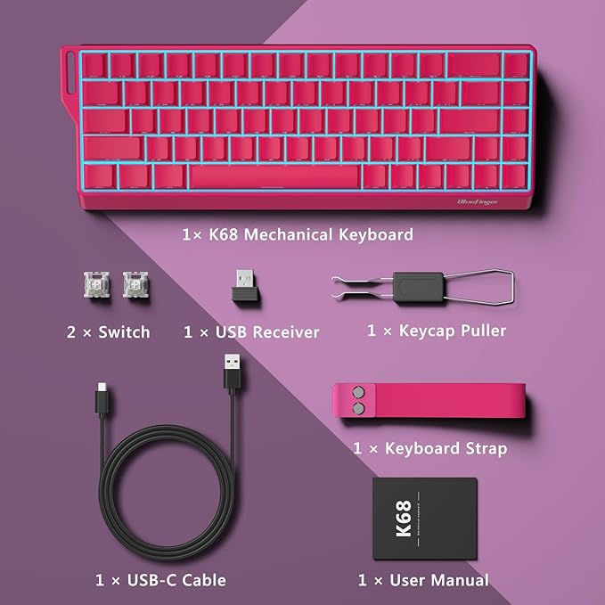 BlueFinger 60% Wireless Mechanical Gaming Keyboard Bluetooth/2.4G/USB-C Hot Swappable RGB Backlit Keyboard with Side-Printed PBT Keycaps for MAC Xbox PC PS5 Pink
