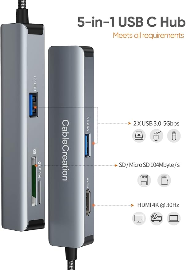 USB C Hub CableCreation 5-in-1 Multiport iPad Pro Adapter with HDMI 4K 2 USB 3.0 SD/Micro SD Card Reader for MacBook Pro/Air iPad Pro Surface Pro XPS and More