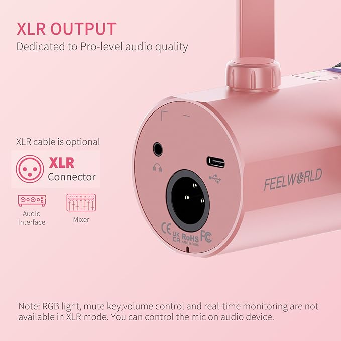 FEELWORLD PM1 XLR USB Dynamic Microphone with Boom Arm Gifts for Podcast Recording PC Computer Gaming Live Streaming Vocal Voice-Over Studio Metal Mic RGB Light Mute Button Headphones Jack (Pink)