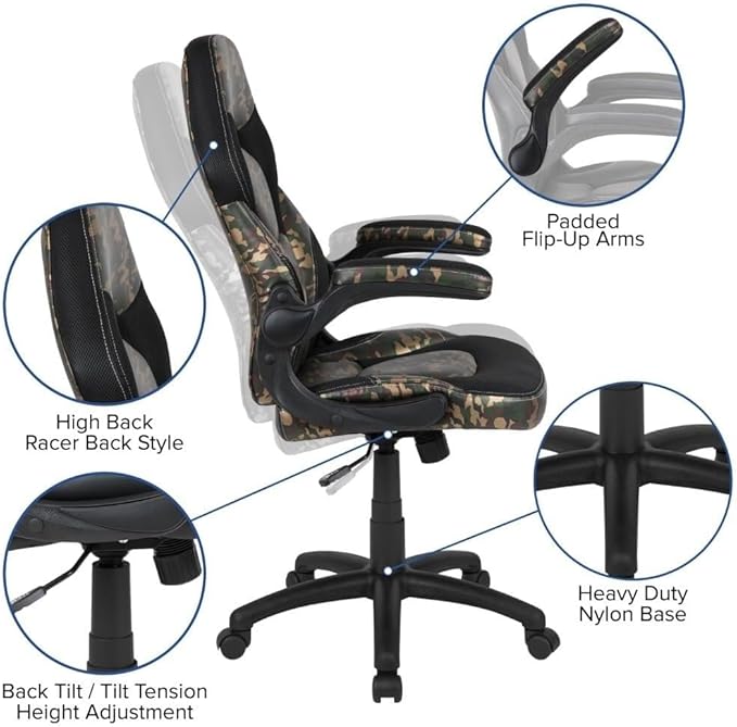 Ergonomic Office Chair Gaming Chair with Adjustable Height 360° Swivel Flip-up Arms Mesh Backrest for Home &amp Study