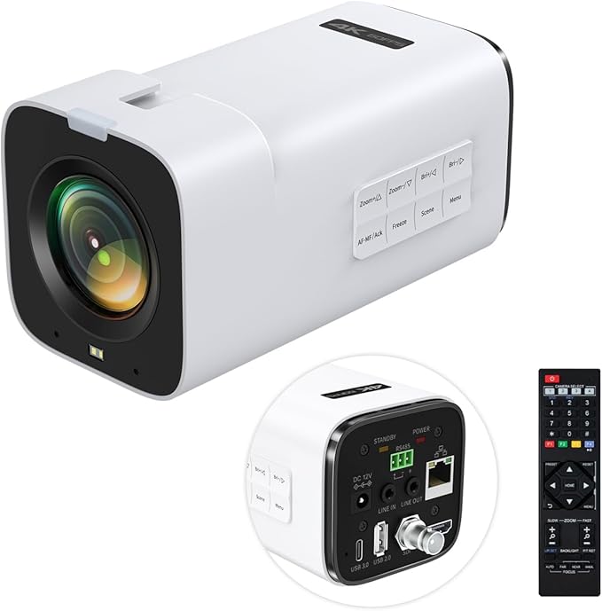 TOALLIN 4K 60FPS Box Video Camera 20X Optical Zoom Support PoE/SDI/HDMI/USB TOF AutoFocus Built-in Dual Mics Live Streaming Camera for Church Worship Online Education &amp Video Conferencing