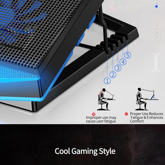 Upgrade Your Setup with This 17.3-inch Foldable Laptop Cooling Stand Featuring 5 high-Speed Fans Adjustable Ergonomic Design and Portable Cooling for Gaming or Work. Sleek Black &amp Blue Finish.
