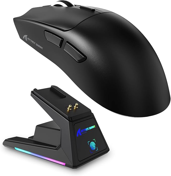 ATTACK SHARK X1 Superlight Wireless Gaming Mouse with RGB Magnetic Charging Dock BT/2.4G Wireless/Wired Gaming Mouse PAW3395PRO Gaming Sensor 40000DPI 53g Office Mice for PC/Mac/Win/Xbox (Black)