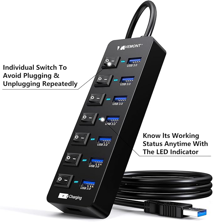 Powered USB Hub 3.0VEMONT 7 Ports Multi USB hubs and 1 USB Smart Charging Port with 5V/3A Power SupplyUSB Extension Splitter with Individual On/Off Switches and 4ft/1.2m Long Cable for PC/Laptop