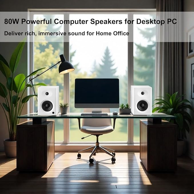 Desktop Speakers for PC Bookshelf Speakers with Clear Highs &amp Punchy Bass - 4 Woofer 80W Peak HiFi Audio for Monitor Home Theater Sound System and Computer White Pair