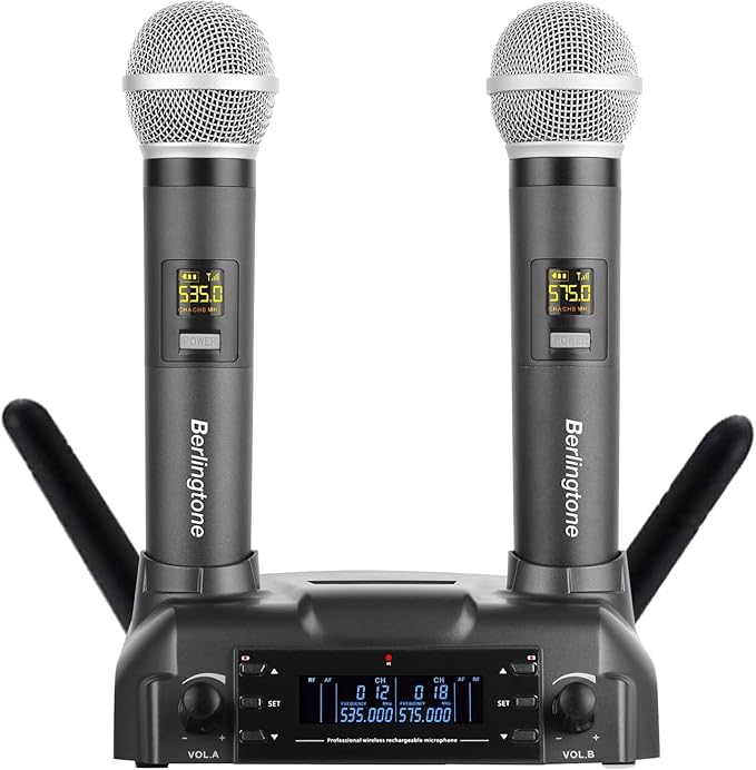Berlingtone) Professional Dual Dynamic Handheld UHF Wireless Microphone System Magnetic Wireless Charging 200 Adjustable Frequency Channels for Karaoke Meeting Church up 200ft Range BR-60UM