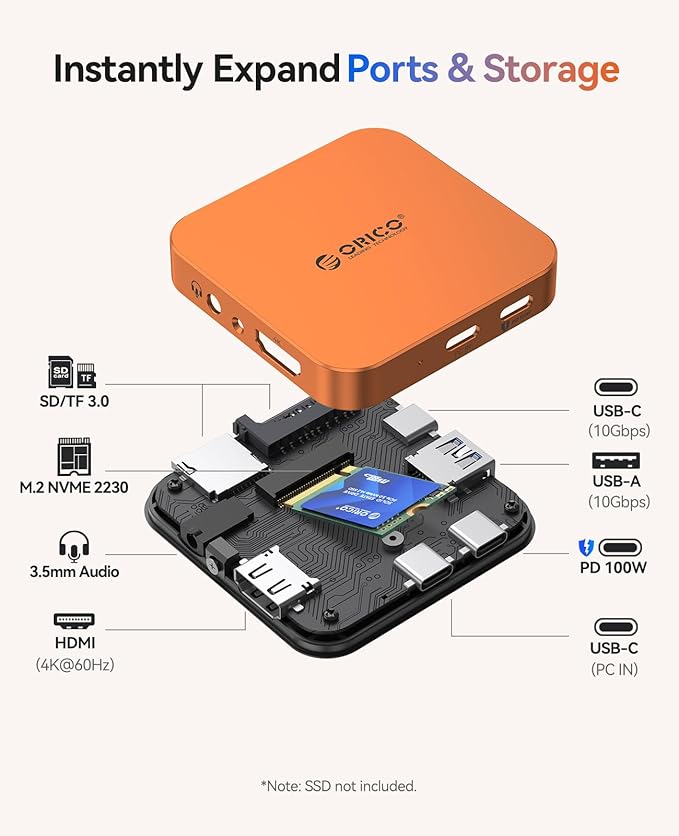 ORICO 10Gbps Magnetic M.2 Docking Station 8-in-1 USB C HUB &amp M.2 2230 NVMe Enclosure with HDMI 4K@60HzSD/TF USB-A&ampC 3.2 100W PD AUX USBC Dock for iPhone 17/16/15 Pro/Pro Max