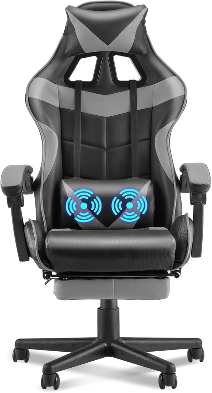 Huracan Gaming Computer Chair with Footrest Adjustable Video Game Chairs for Adults Heavy Duty Office Chair with Headrest and Lumbar Support Grey