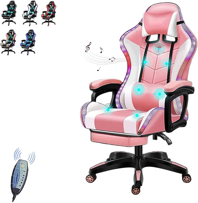 RGB LED Gaming Chair with Bluetooth Speakers Ergonomic Video Game Chair with Footrest Office Chair Reclining Computer Chair PU Leather Chair with Adjustable Backrest and Armrest