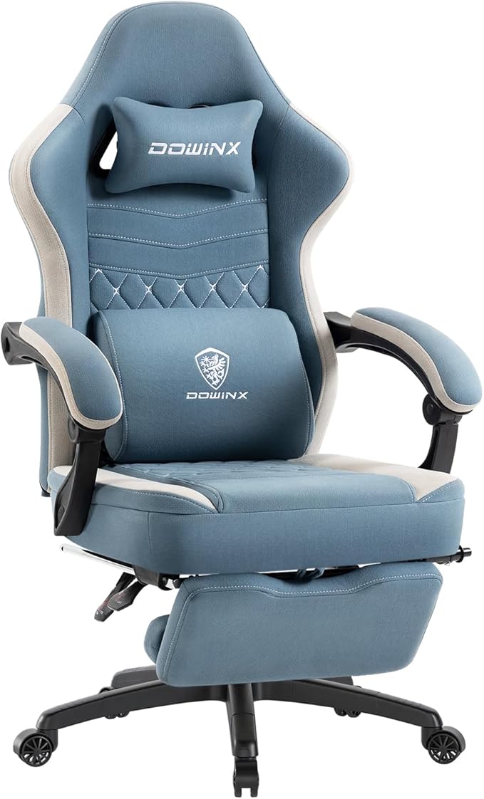 Dowinx Gaming Chair Breathable Fabric Game Chair with Gel Pad and Storage Bag Comfortable Gamer Chair with Pocket Spring Cushion Ergonomic Computer Chair with Footrest Blue and White