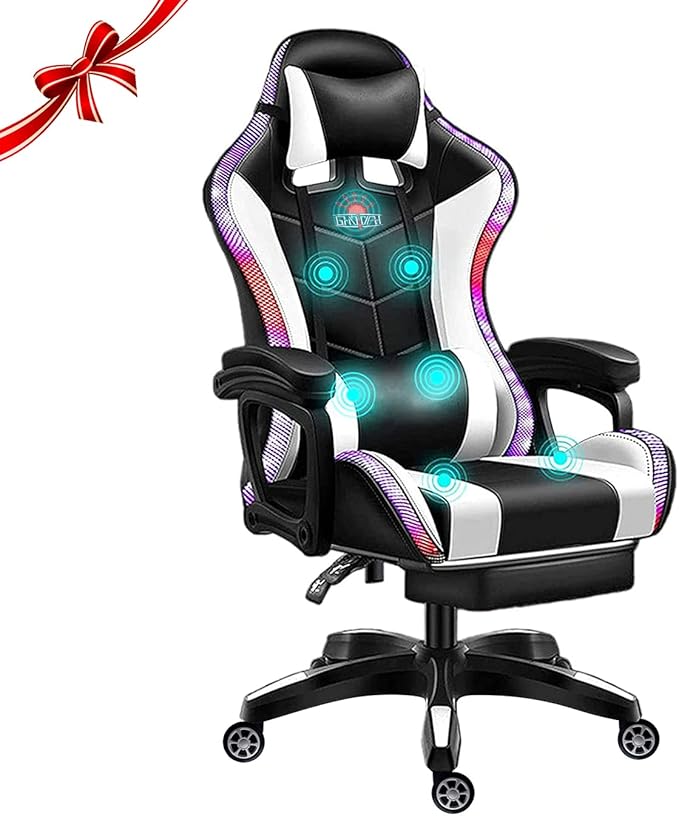 Gaming Chair with RGB LED Lights Ergonomic Massage Computer Gaming Chair with Footrest and Bluetooth Speakers High Back Video Game Chair with Swivel Seat Headrest and Lumbar SupportWhite
