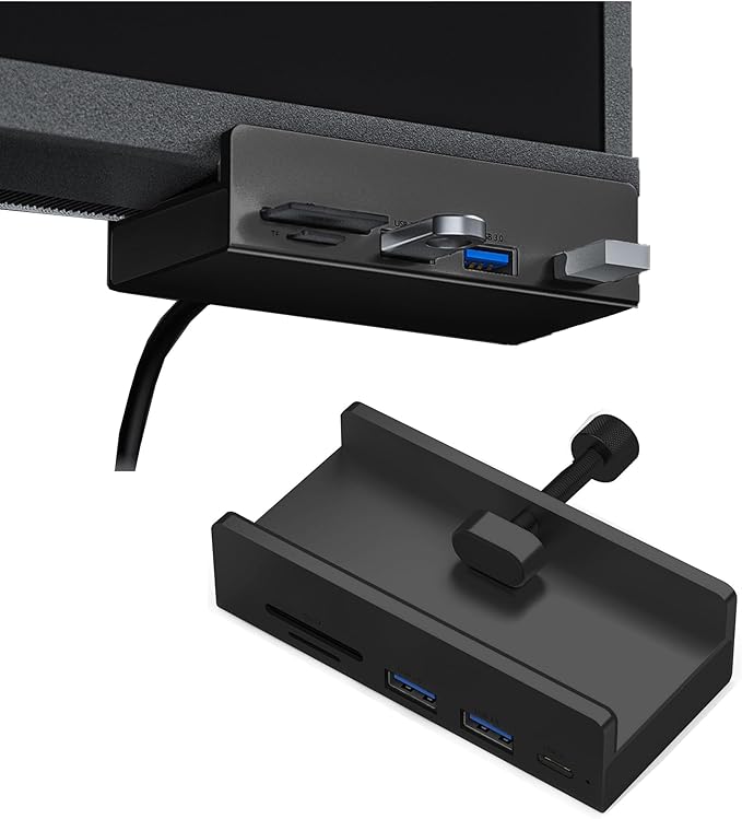 USB C Hub Clamp Aluminum 2-Port USB 3.0 USB C Data Port SD/TF Card Reader for 0.39''-1.18'' Thickness Desktop PC DesksMonitor Stand Desktop Powered USB Hub and Cell Phone Holder (Black)