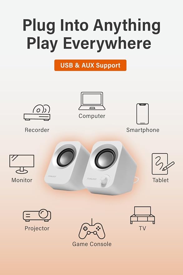 Speaker - 14W Stereo PC Speakers USB Powered Compact Size with 30° Tilt Design Volume Dial Control for Desktop Laptop Monitor Gaming Consoles White