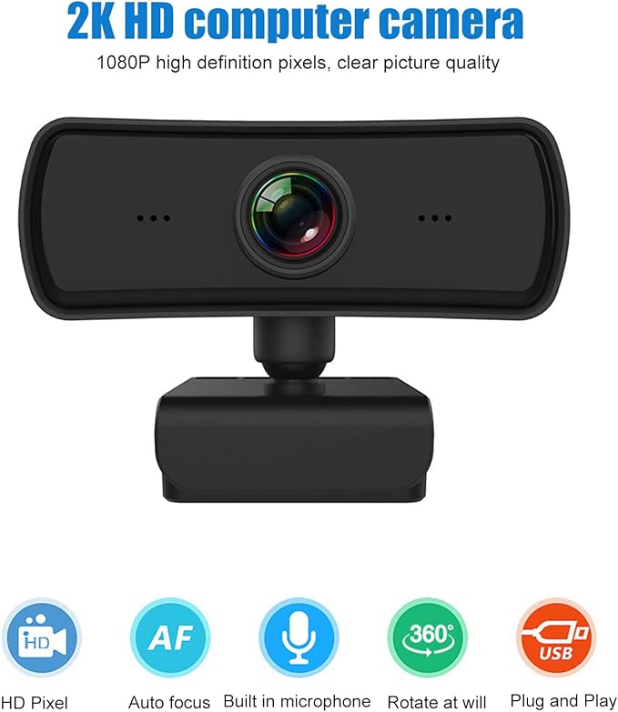 2K 1080p HD Web Camera with Microphone Driver Effortless Auto Focus for Online Teaching Video Conferencing and More