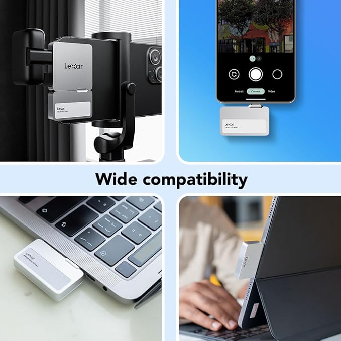 Lexar 1TB Professional Go Portable SSD w/Hub Supports Apple 4K 60fps ProRes Up to 1050MB/s USB 3.2 Rugged IP65 Ultracompact Compatible w/iPhone 15/16 (Not 17) External SSD (LSL400S001T-RNSNU)