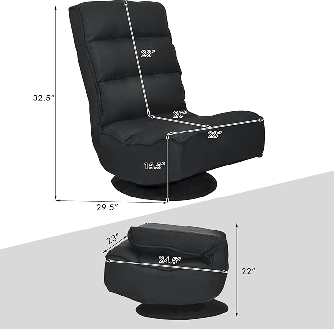 COSTWAY Folding Floor Chair Adjustable 5-Position Video Gaming Chair with 360 Degree Swivel Detachable Cover Padded Backrest Multipurpose Living Room Floor Lounger for TV Reading Playing (Black)
