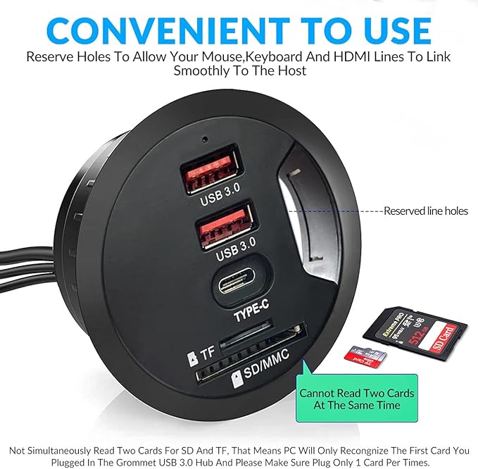 Grommet Desk-Fit USB 3.0 Hub (Diameter 2.36 or 60MM) 2 Port Type-A and 1 Port Type-C with SD/TF Card ReaderCompatible Charging and Data Transmission