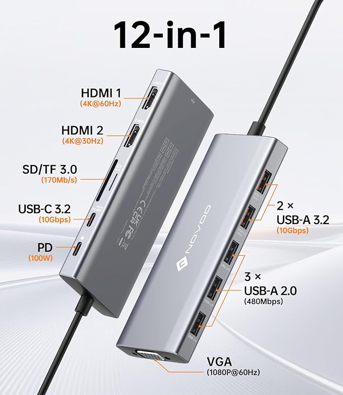 NOVOO USB C Docking Station Dual Monitor 12-in-1 USB C Hub with HDMI 4K VGA USB 10Gbps SD/TF 100W PD Multiport Adapter Compatible with MacBook Dell HP Surface