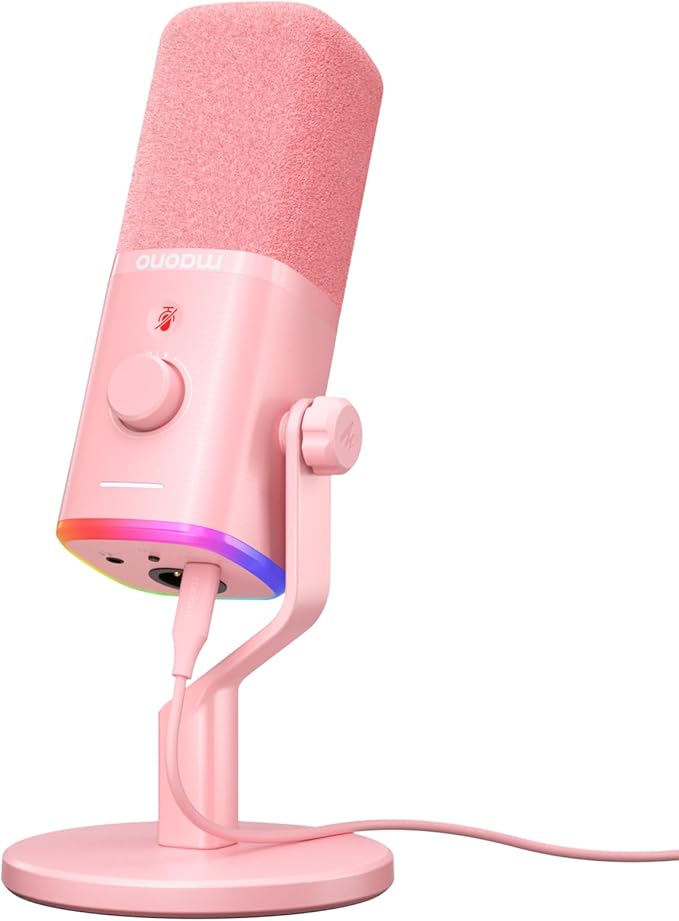 MAONO USB/XLR Podcasting Microphone for PC Gaming Streaming Dynamic Mic with Mute Button RGB Desktop StandComputer Mic for Video Studio Recording-PD100XPink